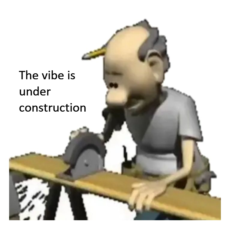 Animated carpenter at a table saw: the vibe is under construction